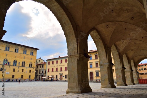 glimpse of Piazza Duomo in the historic center of the city of Pistoia in Tuscany, Italy