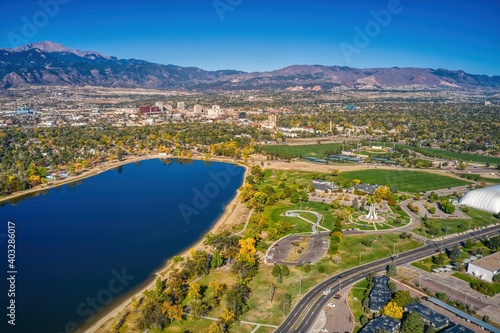 Aerial View of Colorado Springs with Autumn Colors