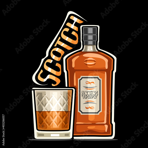 Vector logo for Scotch, illustration of brown classic bottle with decorative label and half full cut crystal whisky tumbler, placard with unique design lettering for word scotch on dark background.