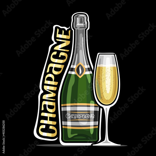 Vector logo for Champagne, outline illustration of green classic bottle with decorative label and full cartoon flute glass, square placard with unique design lettering for word champagne on dark.