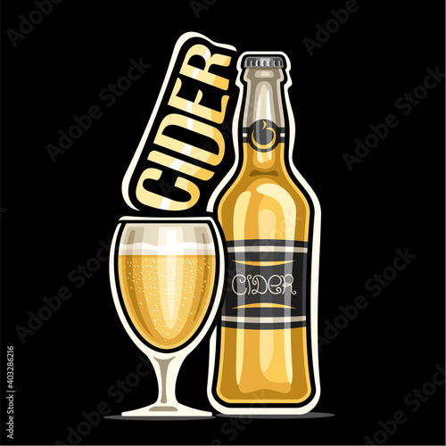 Vector logo for Cider, outline illustration of yellow bottle with decorative label and full glass of refreshing drink, square placard with unique design lettering for word cider on black background.