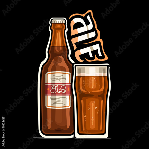 Vector logo for Ale, outline illustration of brown bottle with decorative label and full glass of refreshment beer, square placard with unique design lettering for grey word ale on dark background.