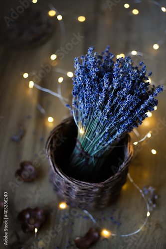 a bouquet of dried lavender in a basket