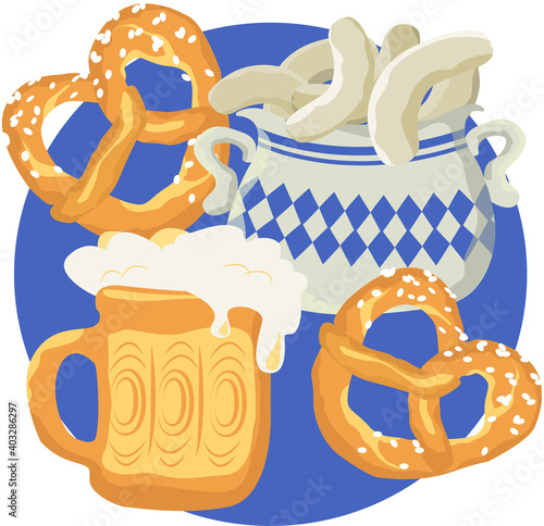 Oktoberfest beer and pretzels and beer. vector illustration for traditional oktoberfest
