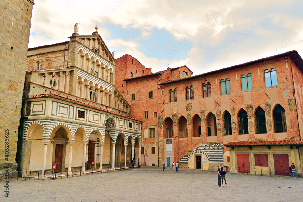 cityscape of Piazza Duomo in the historic center of the city of Pistoia in Tuscany, Italy