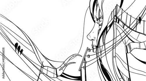 sea ​​travel, a girl dreams of waves, sails and ships, the soul calls to travel, vector graphics on an isolated background