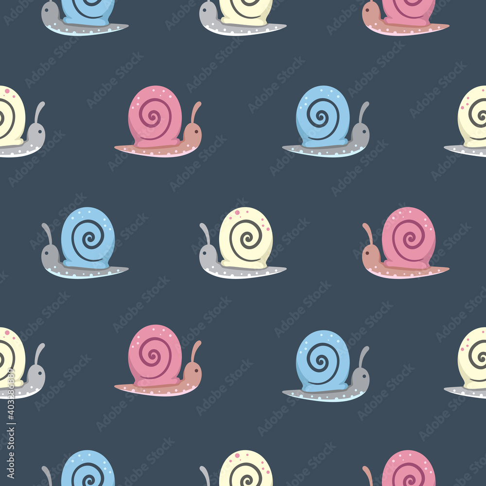 Seamless repeated surface vector pattern design with little pink, blue and yellow snails organized in rows on a dark blue background