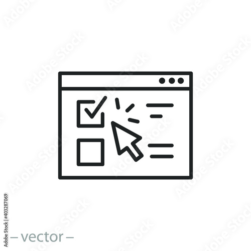 online exam or test icon, form survey for student, knowledge check questionnaire, fill and pass checklist, thin line symbol on white background - editable stroke vector illustration eps 10