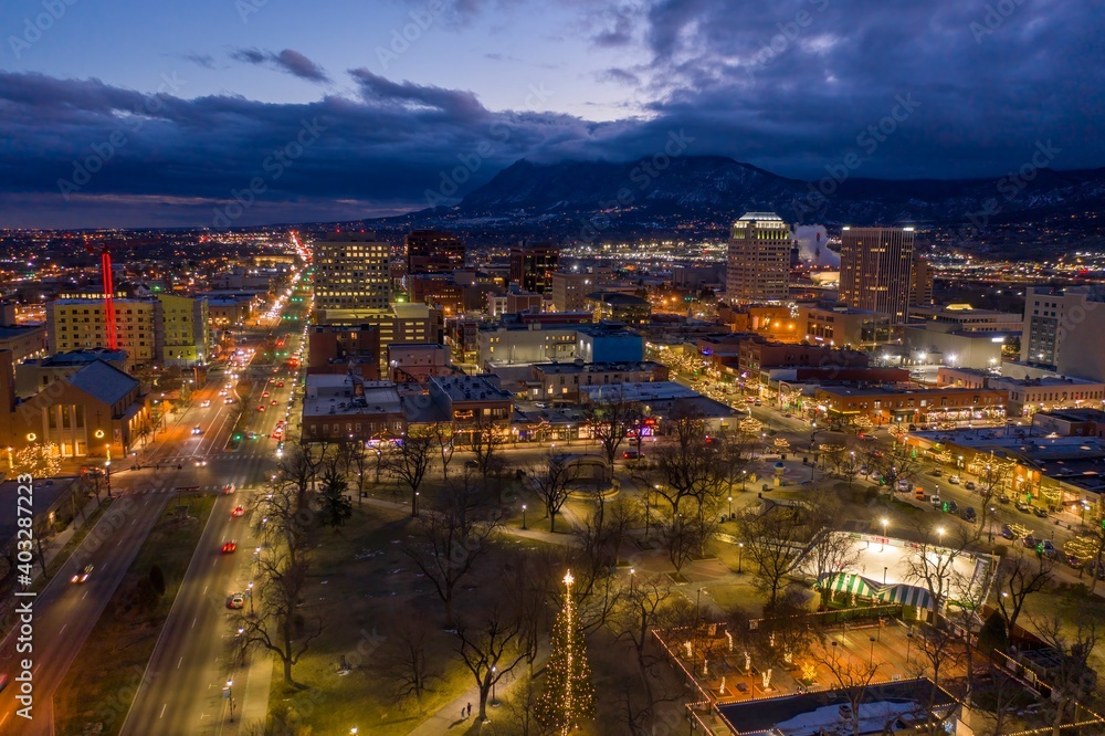 Aerial View of Colorado Springs at Dusk with Christmas Lights