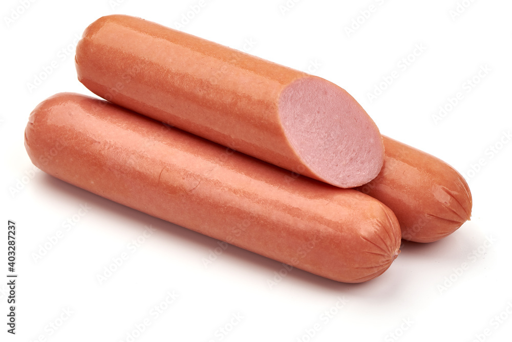 Boiled pork sausages, isolated on white background Boiled pork sausages, isolated on white background