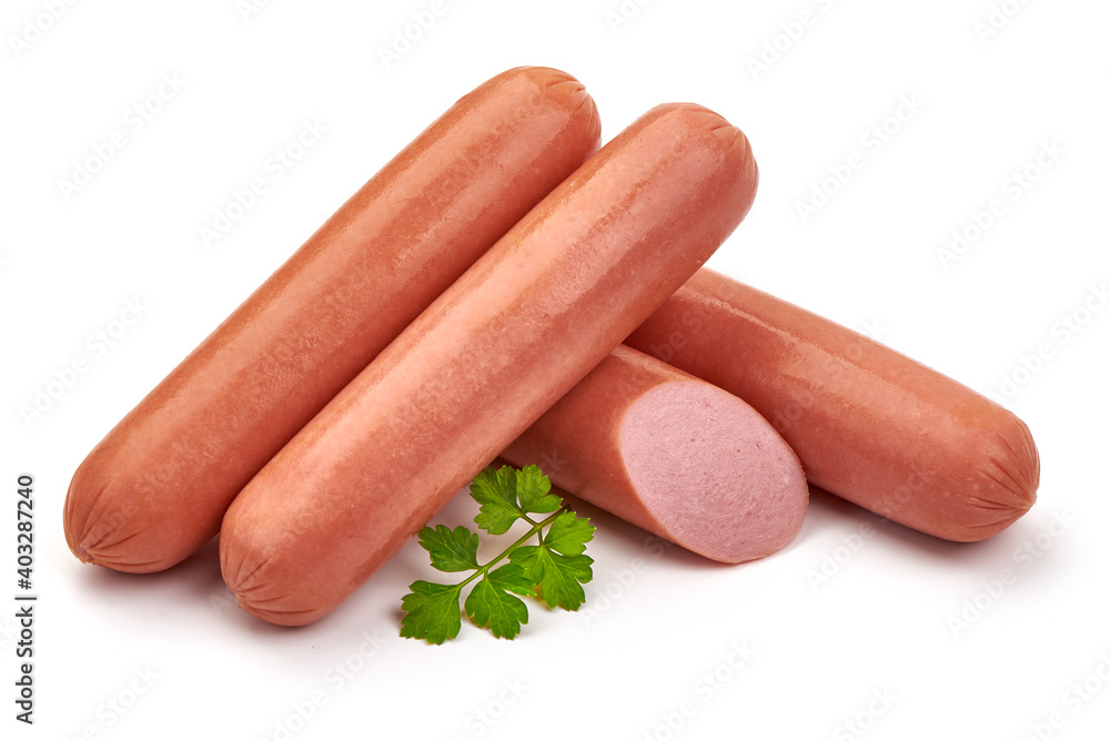 Boiled pork sausages, isolated on white background Boiled pork sausages, isolated on white background