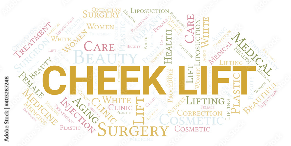 Cheek Lift typography word cloud create with the text only. Type of plastic surgery