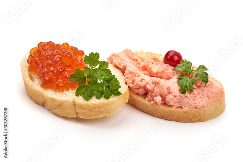 Sandwiches with caviar and caviar paste, isolated on white background