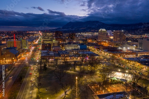 Aerial View of Colorado Springs at Dusk with Christmas Lights