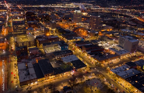 Aerial View of Colorado Springs at Dusk with Christmas Lights