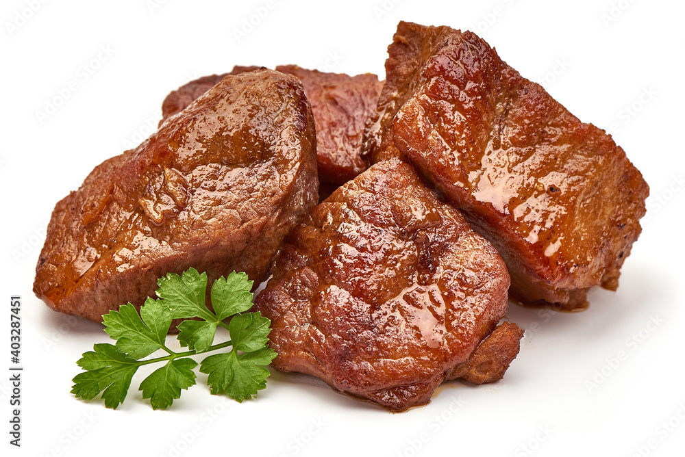 Stewed pork goulash, isolated on white background