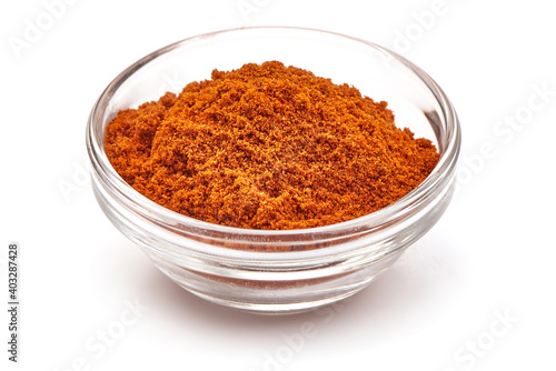 Sweet red pepper powder, sweet paprika, isolated on white background