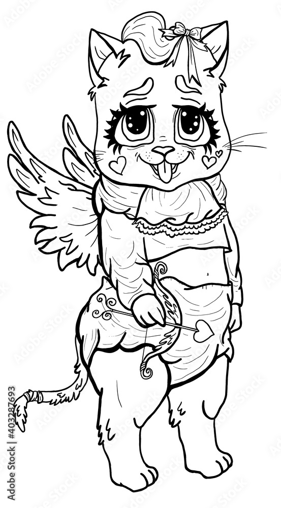 Cartoon character, funny kitten Cupid with big eyes, fluffy eyelashes and angel wings, in diaper, with bow-knot, with protruding tongue and plump cheeks - hearts, with small bow and arrow in a paw. Cartoon character, funny kitten Cupid with big eyes, fluffy eyelashes and angel wings, in diaper, with bow-knot, with protruding tongue and plump cheeks - hearts, with small bow and arrow in a paw.