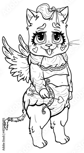 Cartoon character, funny kitten Cupid with big eyes, fluffy eyelashes and angel wings, in diaper, with bow-knot, with protruding tongue and plump cheeks - hearts, with small bow and arrow in a paw.