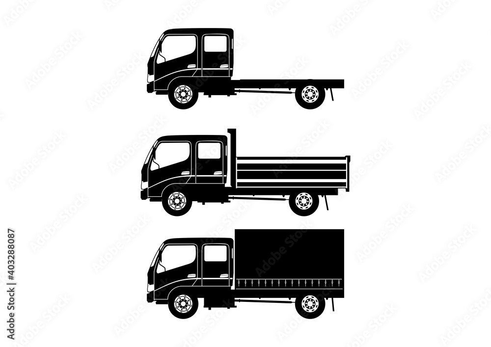 Set of modern double cab over engine truck silhouettes. Each silhouette consists of a black and white shape. Flat vector.