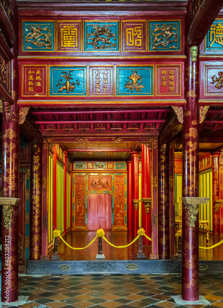 Royal throne. Buddhist temple in the Hue Imperial Royal Palace, Vietnam.