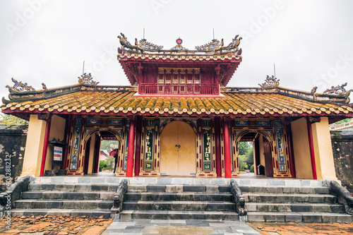 Buddhist temple in the Forbidden Purple City in Hue Imperial Royal Palace, travels in Vietnam.