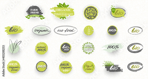Set of Vegan, eco, bio, organic, fresh, healthy icon. Eco healthy fresh food tags natural products badges organic symbols vector stamps collection. Vector illustration