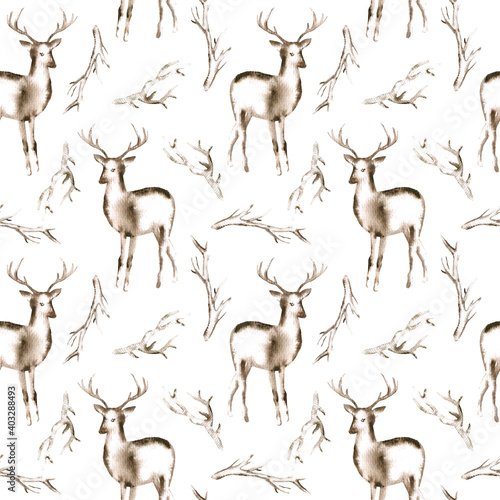Seamless pattern of a deer and floral.Forest animals   and branch.Watercolor hand drawn illustration.White background.   © jula_lily