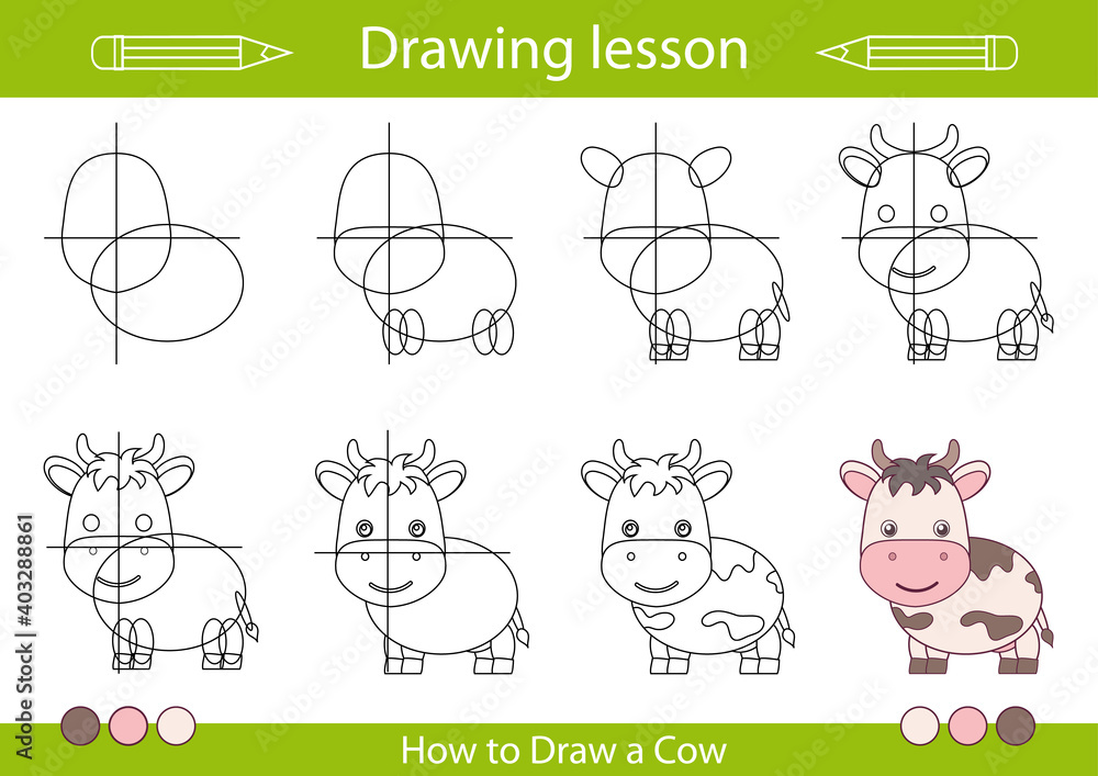 Drawing tutorial a cute cow. Drawing lesson for  by step draw.  Actives worksheets with cartoon animals. Kids funny activity art page.  Vector illustration. Stock Vector | Adobe Stock