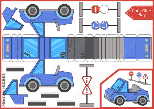 Cut and glue a cartoon cabriolet car. Worksheet with education riddle. Children art game. Kids crafts activity page. Create paper toys car yourself. Vector illustration.