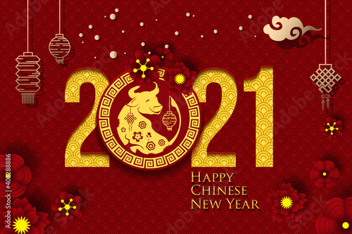 2021 Chinese New Year Greeting Card. Year of the Ox. Chinese New-Year. Paper cut with Ox and Flowers. gong xi fa cai 2021. Hieroglyph - Zodiac Sign Ox. Place for your Text.