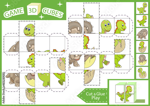 Children paper craft. 3d box puzzle. Kids game. Cut and glue cubes with cute dinosaurs. Find matching parts picture. Kids activity page for book. Vector illustration.