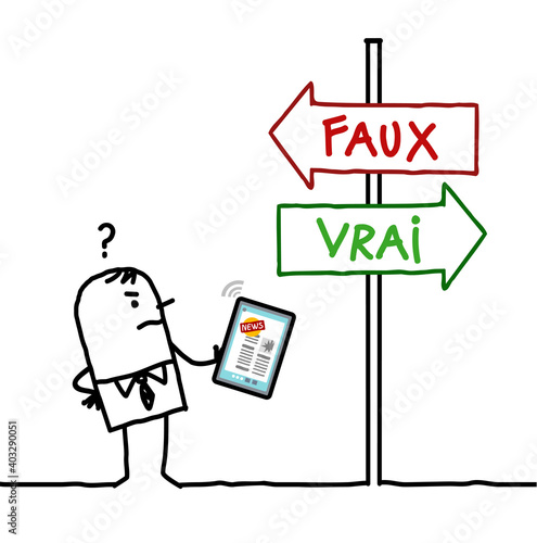 Vraies ou Fausses Informations sur Internet ? - Personnage Masculin dessiné à la main, avec Ligne sur fond Blanc