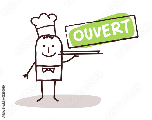 Chef avec une Annonce d'établissement Ouvert - Personnage Masculin dessiné à la main, avec Couleurs sur fond Blanc