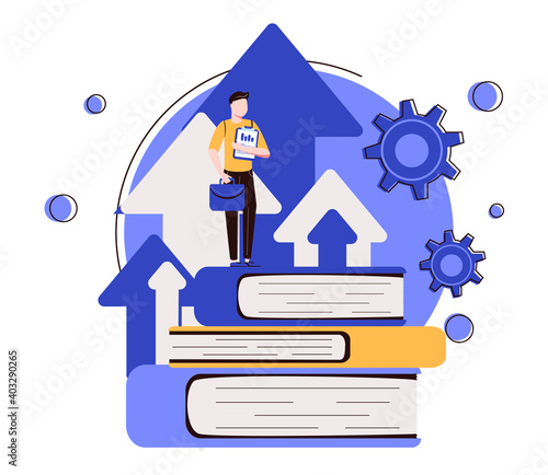 Businessman climbs on a stack of books to knowledge. Education and professional career concept. MBA. 