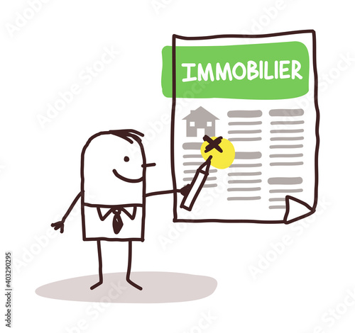 Annonces Immobilières - Personnage Masculin dessiné à la main, avec Couleurs sur fond Blanc