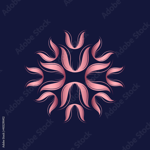 Decorative flower logo for beauty, spa and fashion business.Shiny metallic pink color.Abstract petals icon isolated on dark blue background.Elegant, luxury style.Bloom, blossom concept.