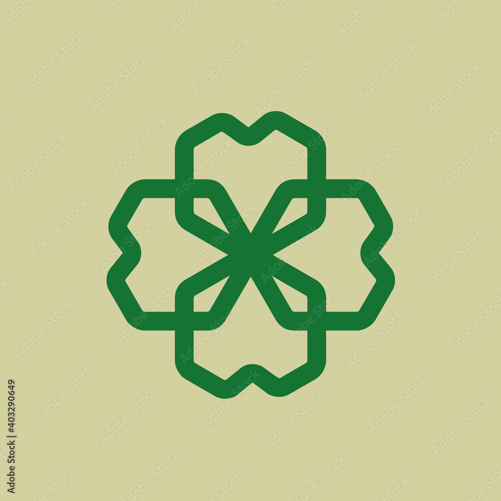 Decorative clover logo for beauty, spa and fashion business.Green color.Abstract flower icon isolated on light background.Elegant, minimal, modern style.Intertwined lines petals.Geometric symbol.