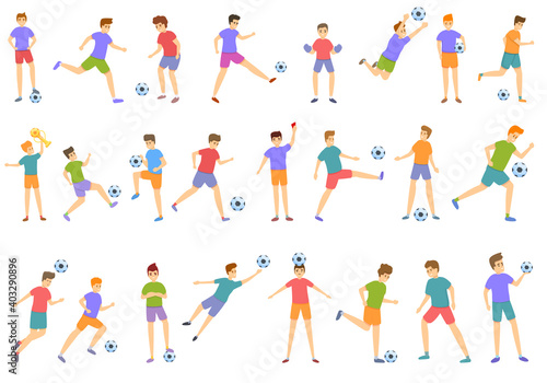 Kids playing soccer icons set. Cartoon set of kids playing soccer vector icons for web design