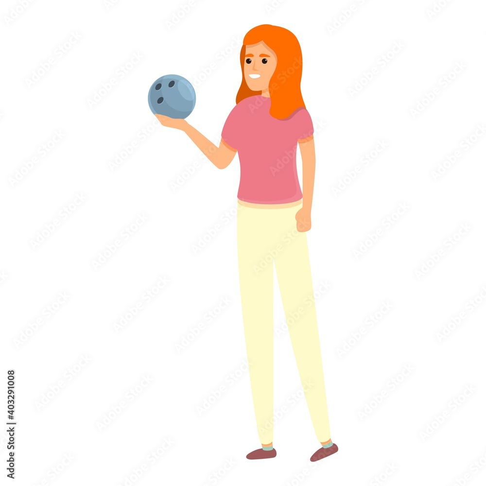 Girl playing bowling icon. Cartoon of girl playing bowling vector icon for web design isolated on white background Girl playing bowling icon. Cartoon of girl playing bowling vector icon for web design isolated on white background