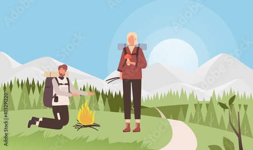 Campfire travel adventure vector illustration. Cartoon man woman tourist characters light camp fire in meadow near forest, happy friends or couple people and bonfire, outdoor tourism background