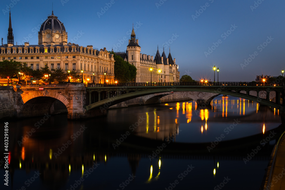 Landscape at the blue hour in the morning on the Conciergerie in Paris