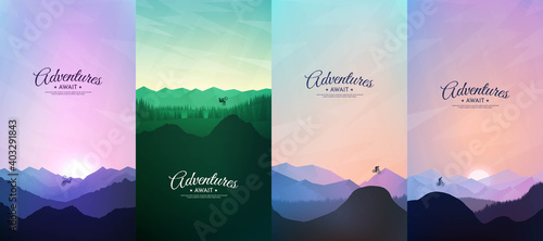 Travel concept of discovering, exploring and observing nature. Mountain bike. Cycling. Adventure tourism. Minimalist vector flat illustration. Freestyle biker. Design for flyer, voucher, coupon