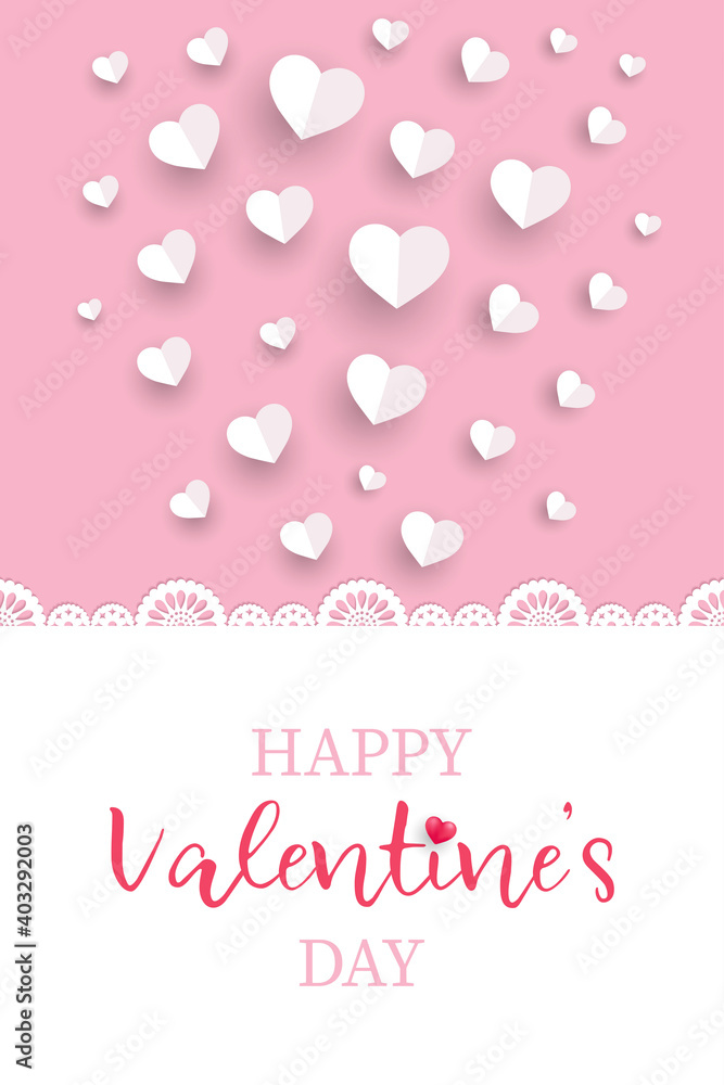 Happy Valentine’s Day greeting card or banner with withe paper cut tape and hearts. Vector illustration