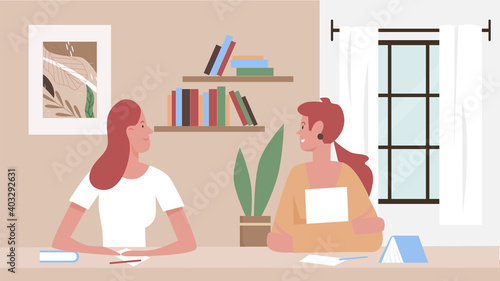 Girls communicate at home vector illustration. Cartoon young woman friends characters sitting at study table with books, studying and communicating together, friendship communication scene background
