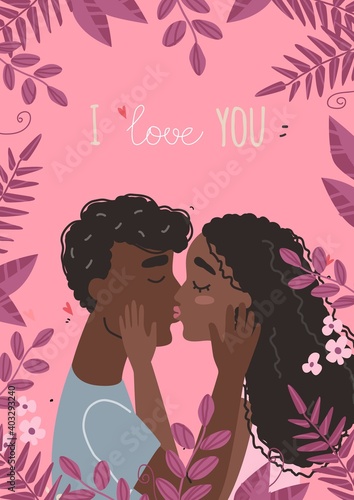 Vector valentine card with cute characters. Lovers black african american man and woman hug.