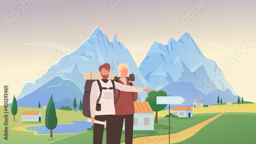 People tourists hiking vector illustration. Cartoon young couple traveler hiker characters visit mountain village landscape, man showing way, hike and travel adventure, summer tourism background