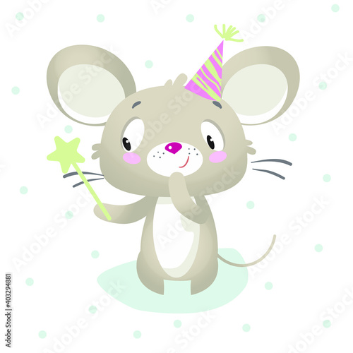 cartoon cute mouse with magic wand on holiday