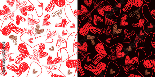 Vector seamless pattern with hatched hearts on a white and dark background, for textile design, cards, gift wrapping.