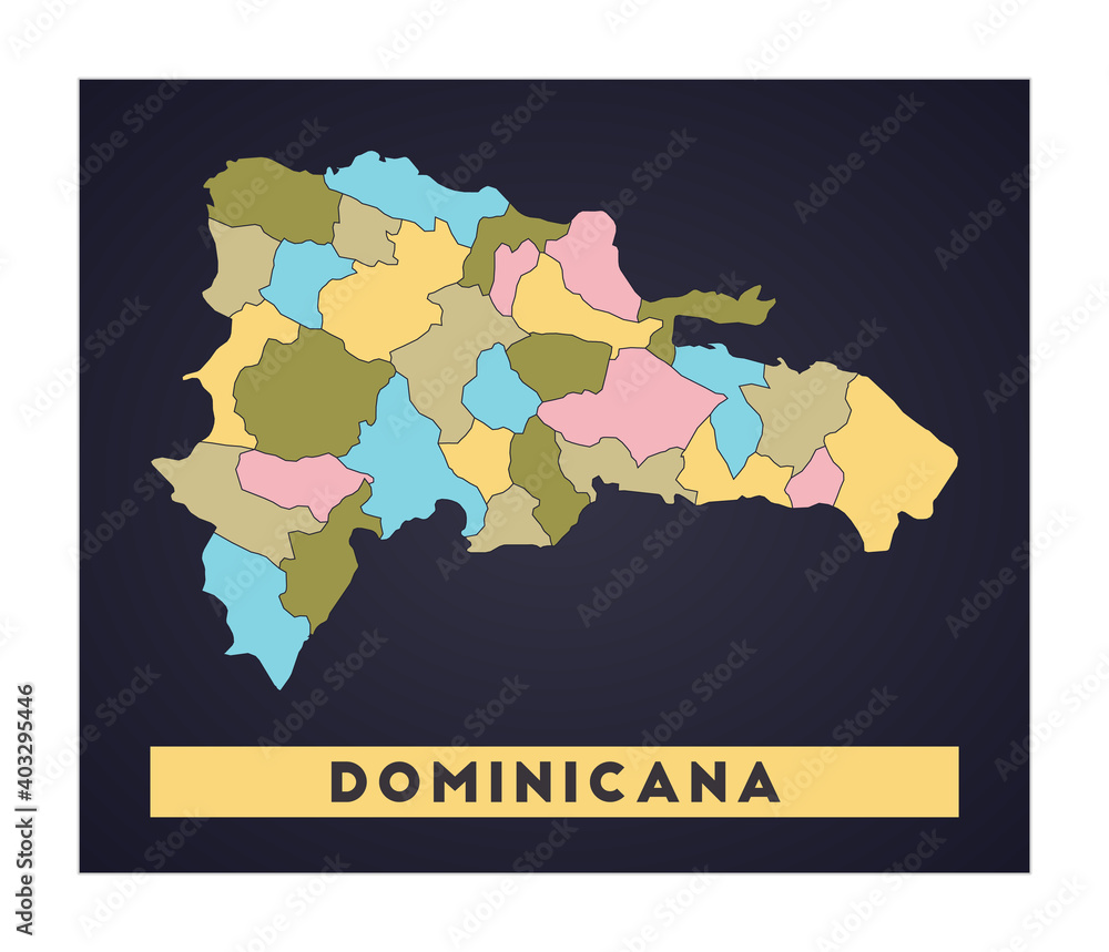 Dominicana map. Country poster with regions. Shape of Dominicana with country name. Vibrant vector illustration.